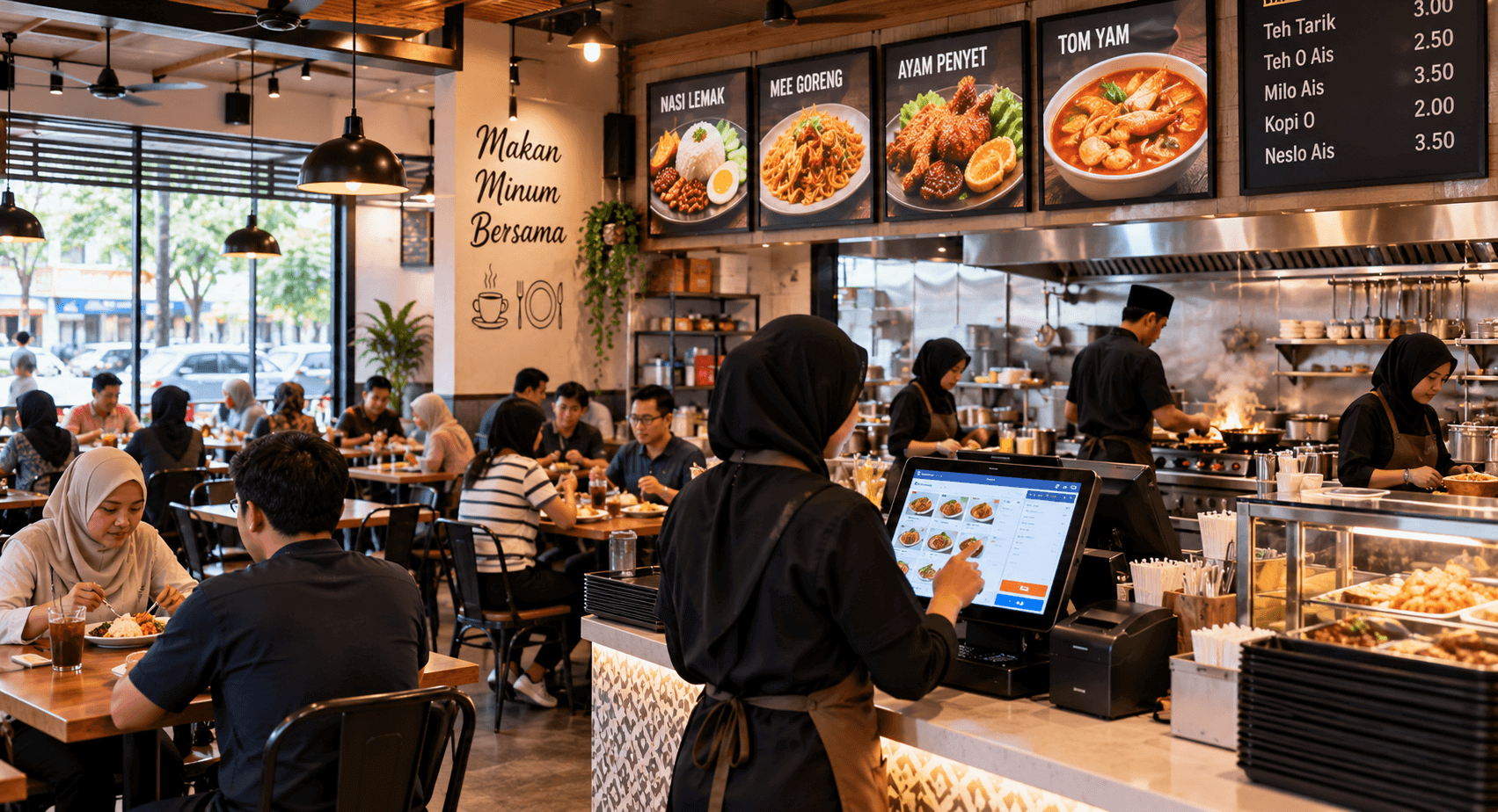 A casual Malaysian restaurant during service
