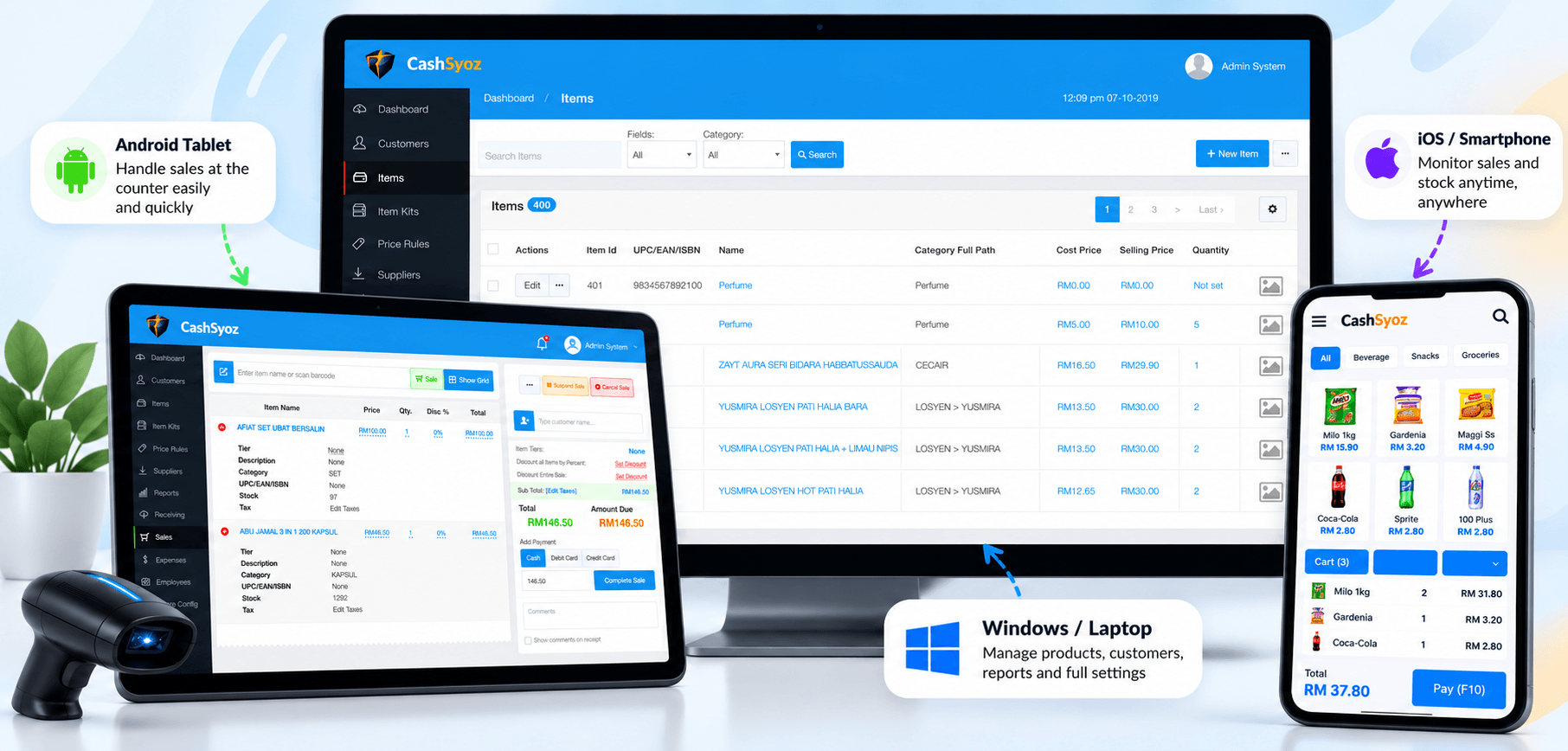 CashSyoz stock and sales interface shown across desktop, tablet and smartphone